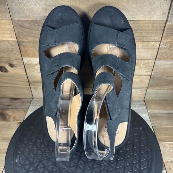 Clarks Collection Womens Size 9M Platform Wedge Sandals Black Strappy Slingback - Picture 5 of 10